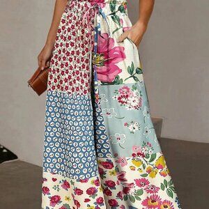 Multicolor Boho Women's Flower & Leaf Print Drawstring Pocket pants